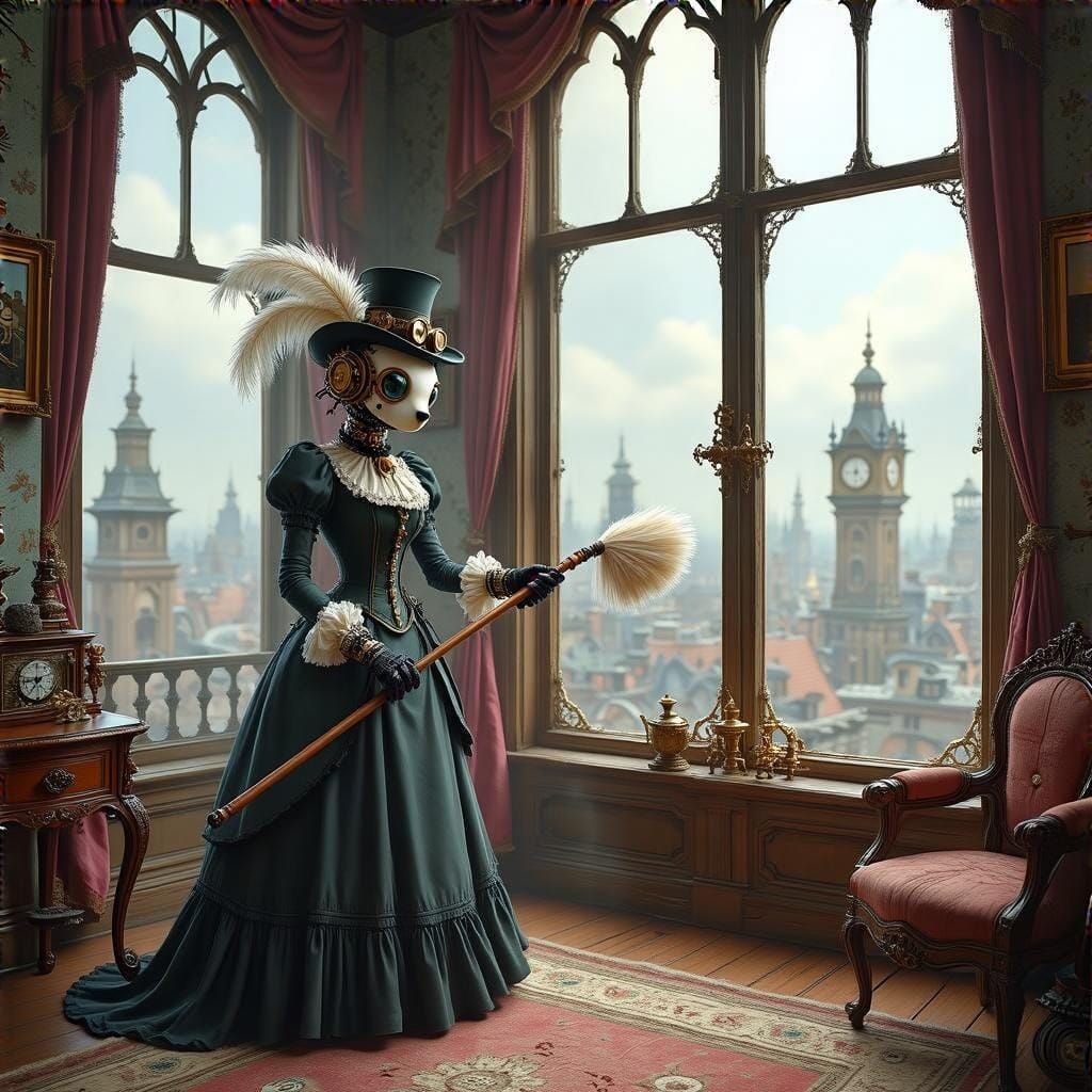 Steampunk Android Maid Dusting Drawing Room