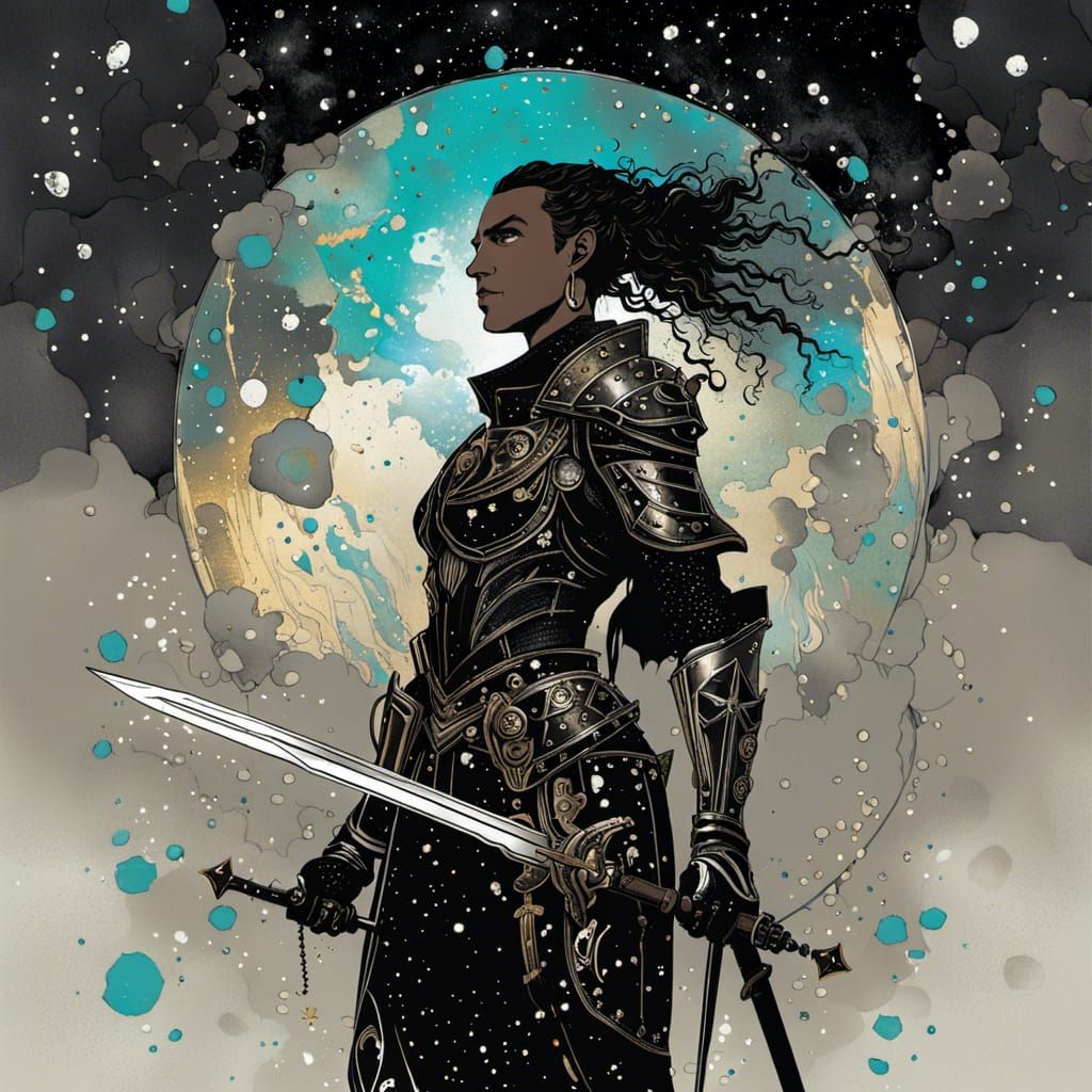 Celestial Knight in Cyberpunk Style with Stardust Armor