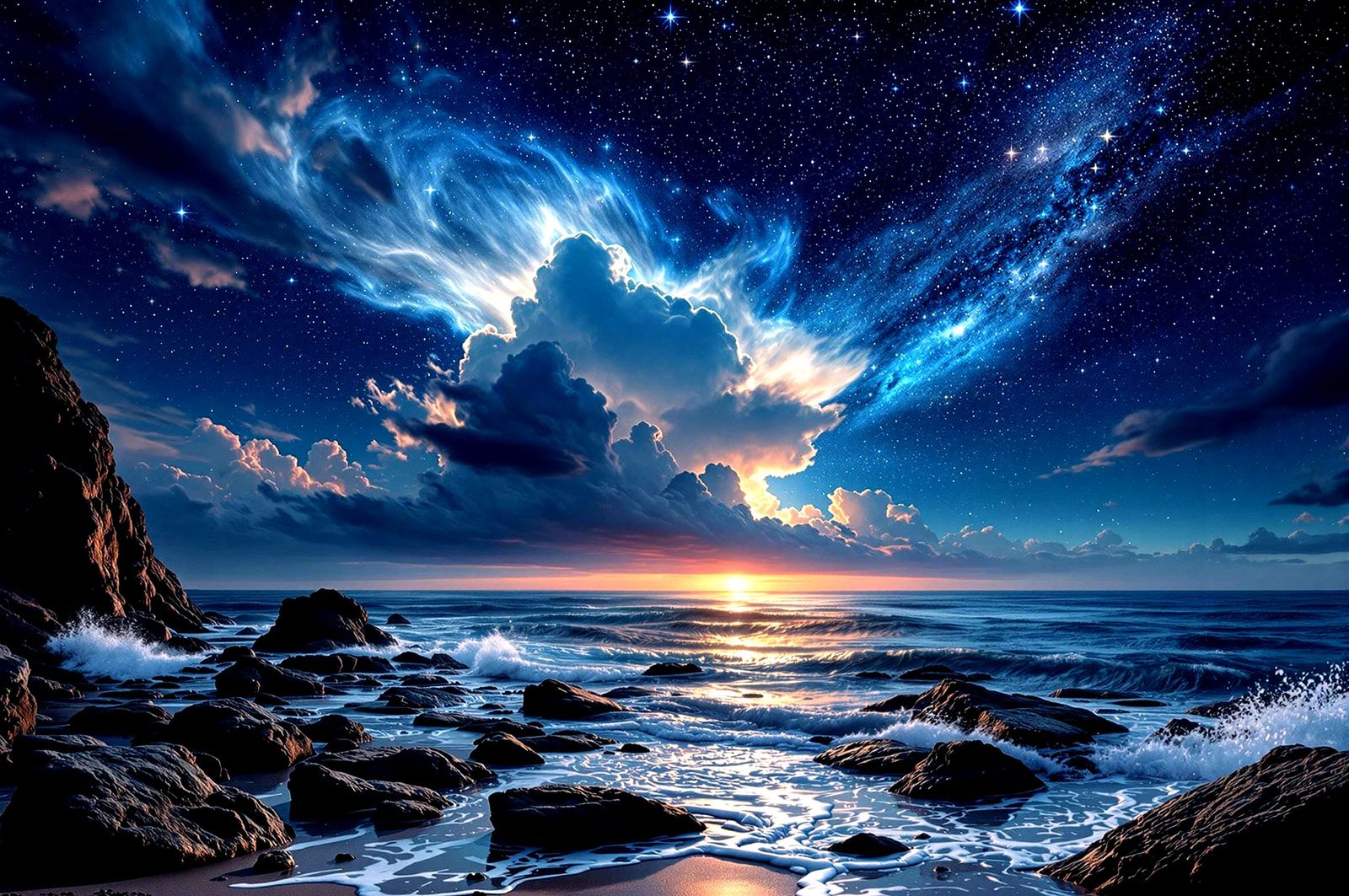 Breathtaking Panoramic Beach at Celestial Twilight