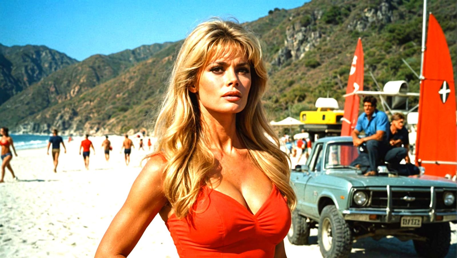 Cinematic Film Still of Woman on Beach