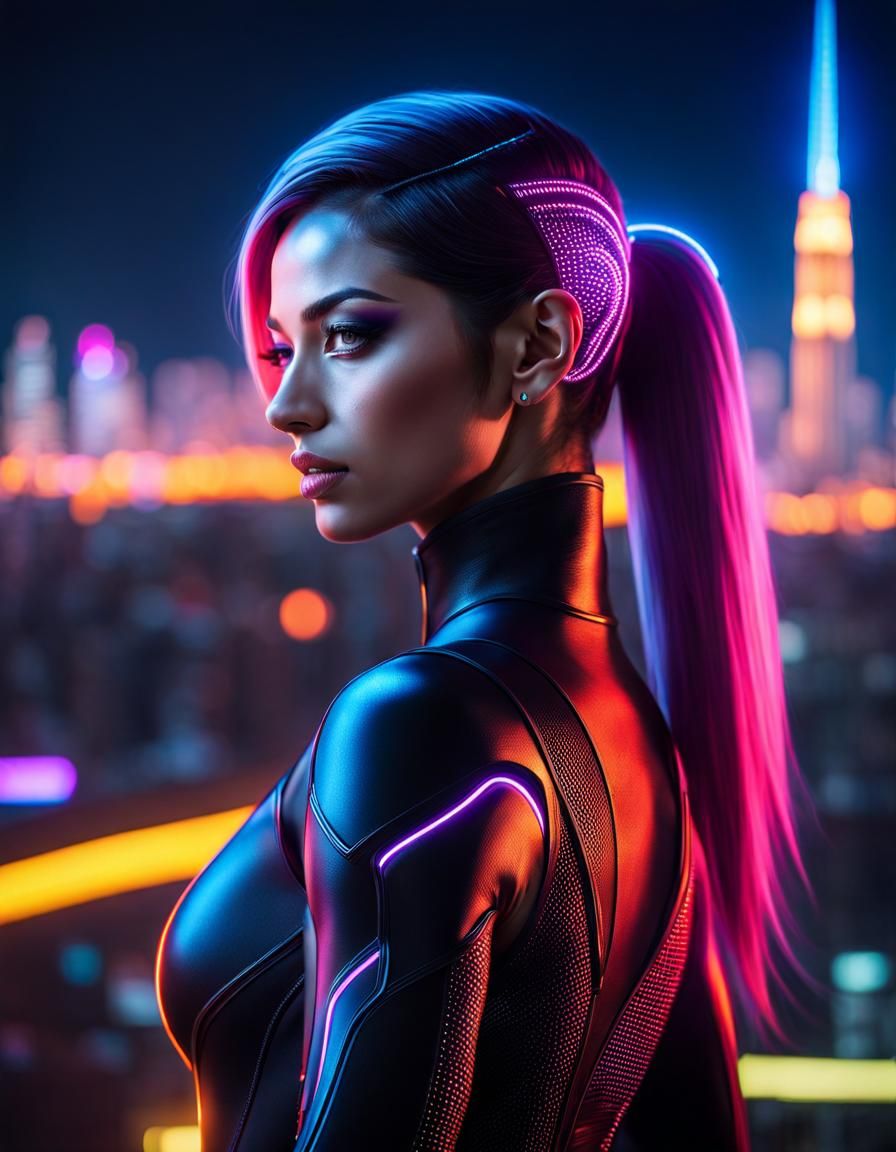Cyberpunk Girl in Neon Cityscape: Detailed 4K Realism