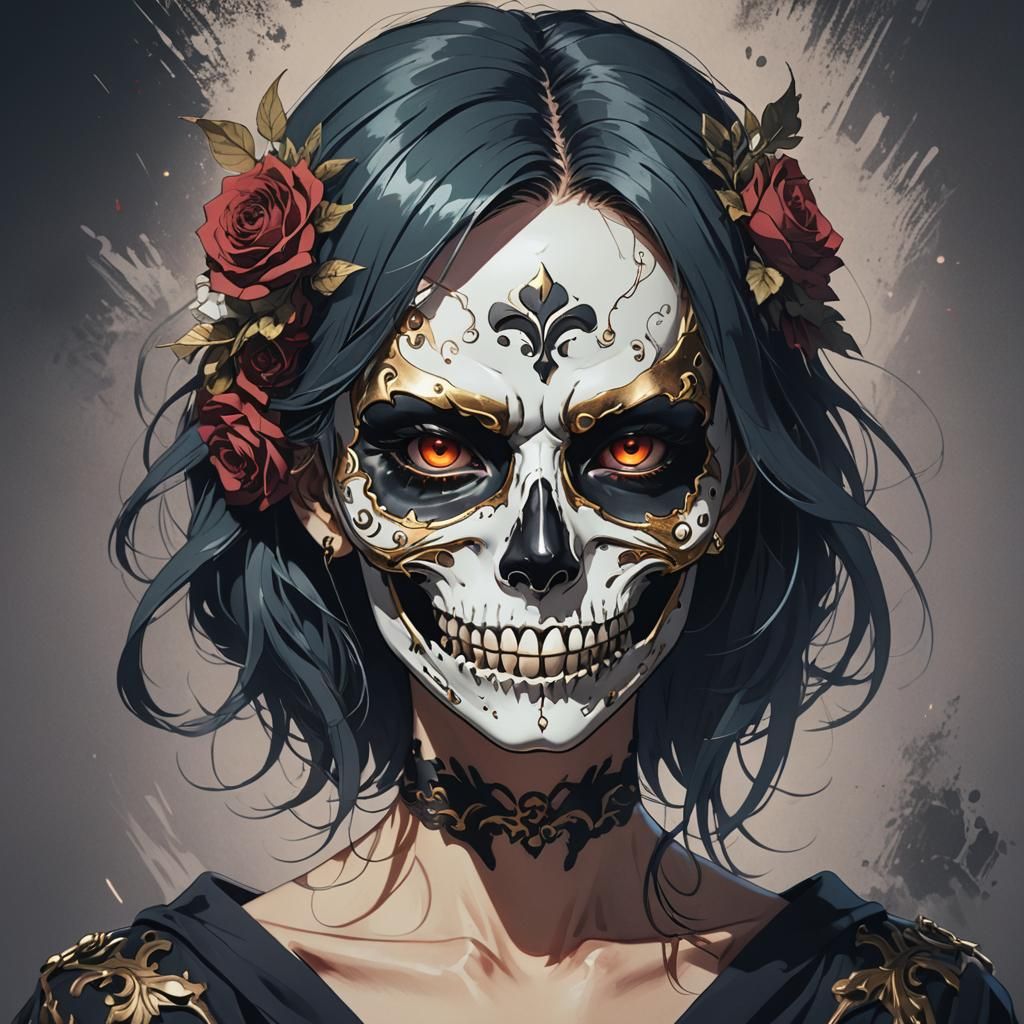 Skull-Masked Woman in Anime Style