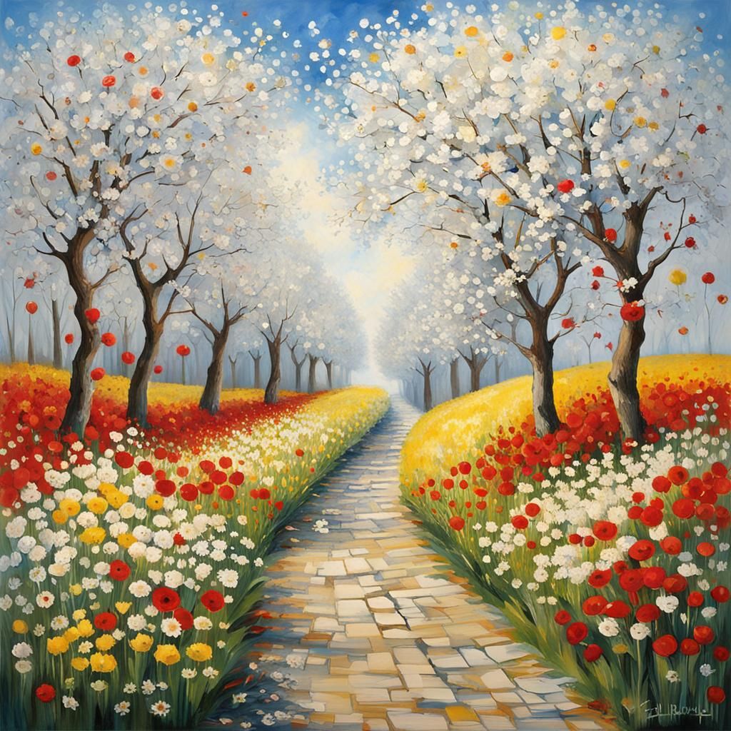 Enchanted Spring Day with Blossoms and Golden Trees