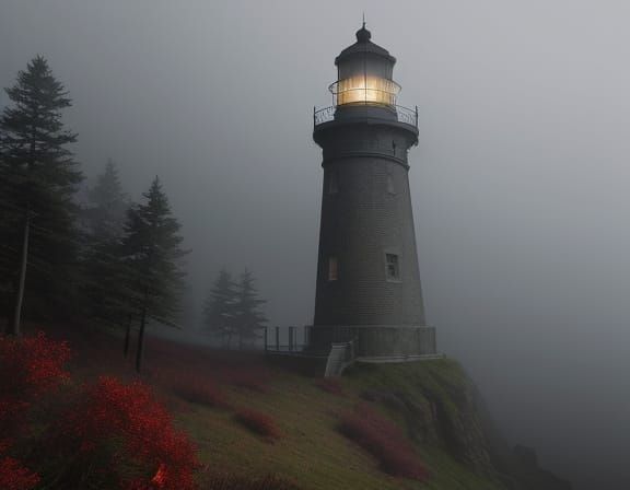 Moody Lighthouse Beam Pierces Eerie Fog in Digital Painting