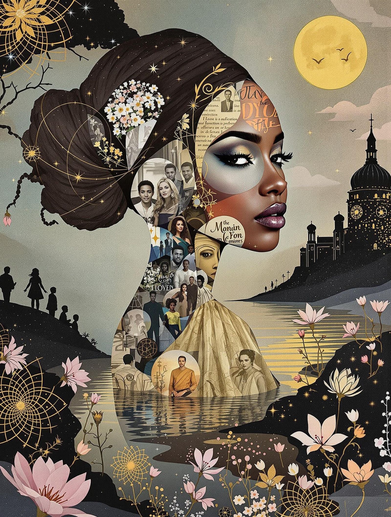 Serene Nigerian-American Woman in Vibrant Collage