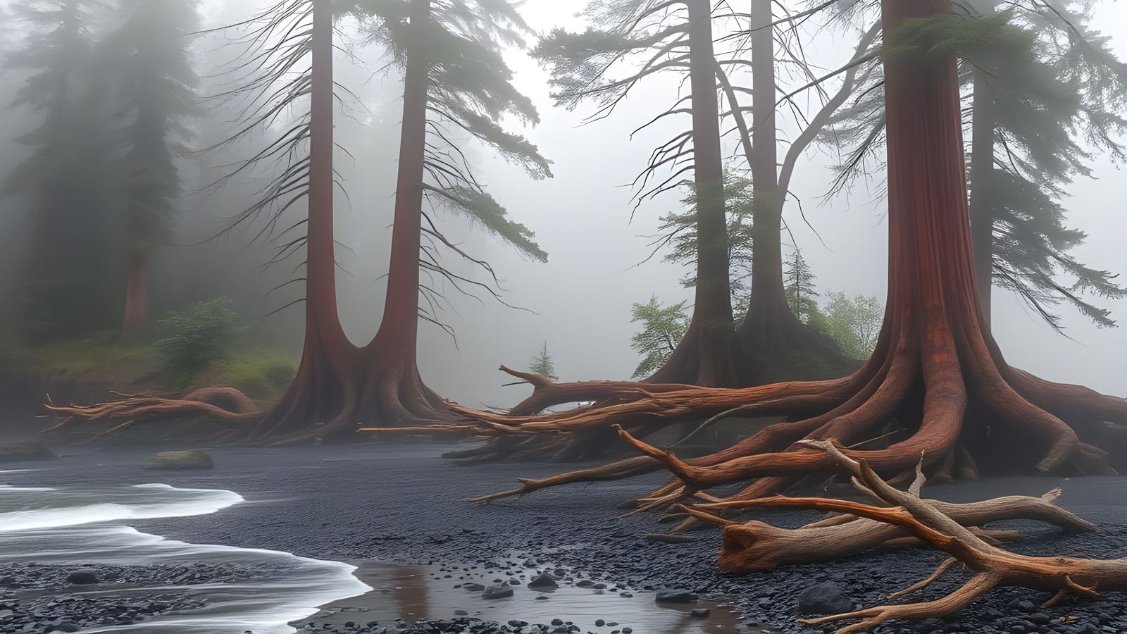 Northwest Coast Fog Landscape with Cedar Trees and Beach