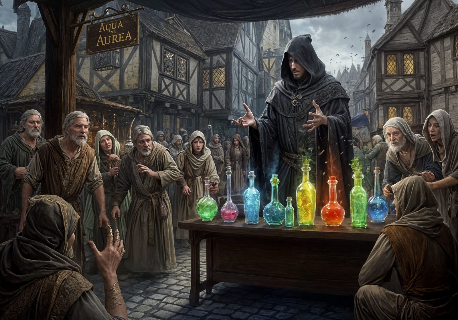 Medieval Sorcerer Peddles Enchanted Potions in Bustling Mark...