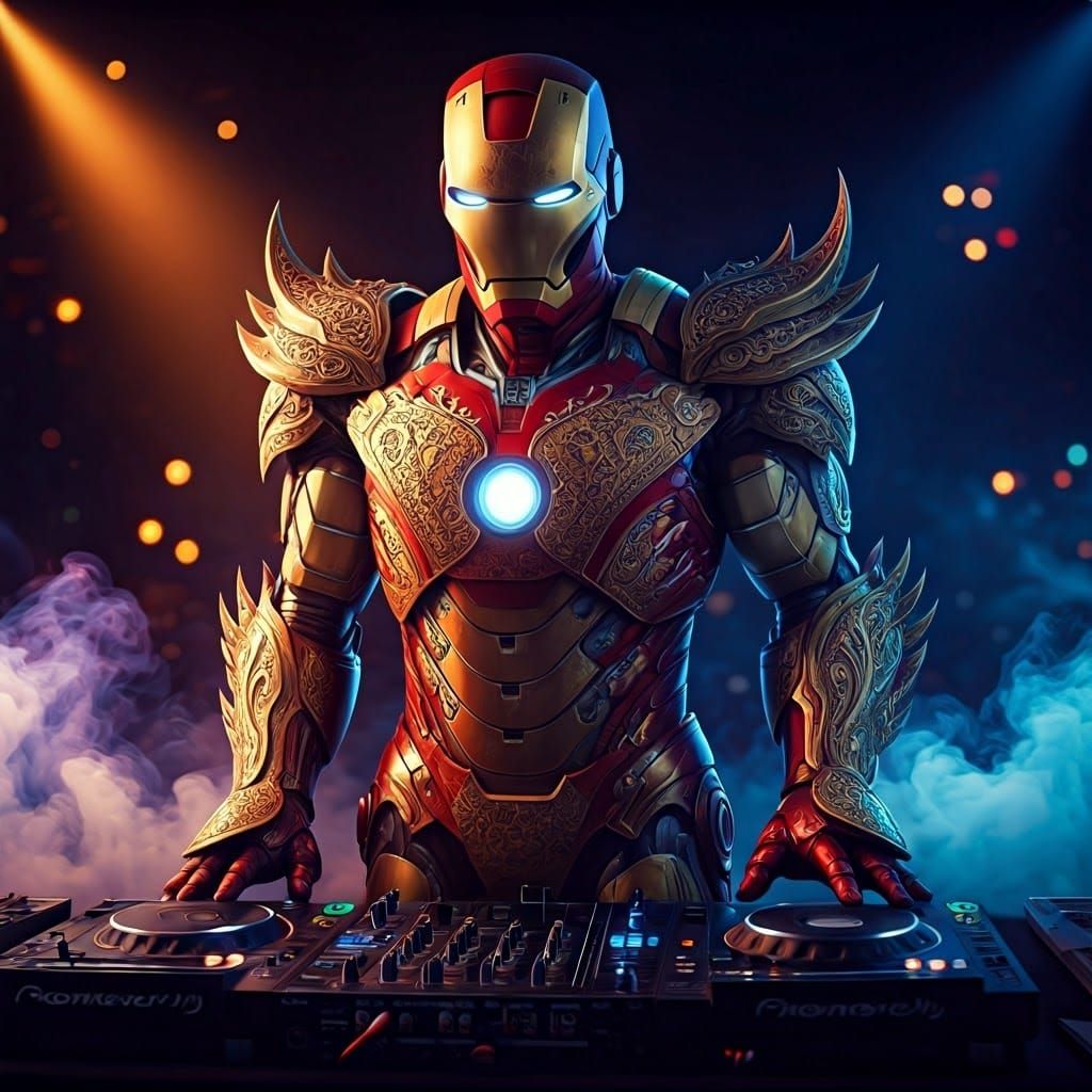 Myanmar Iron Man DJ in Nightclub, Photorealistic Style