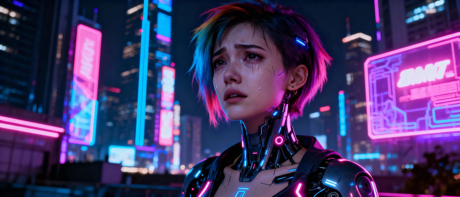 Cyberpunk Woman's Melancholy in Neon City