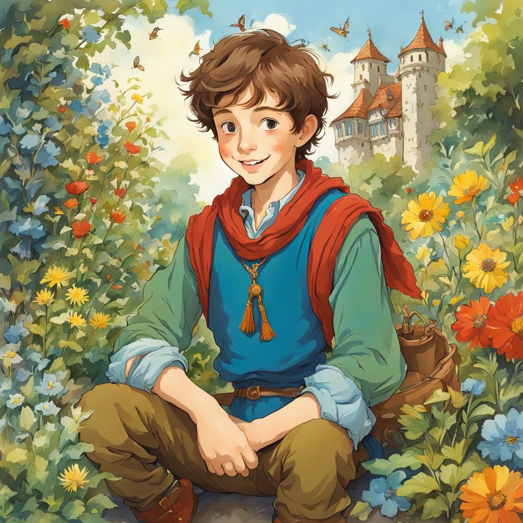 Cheerful Boy in Fantasy Garden, Anime Style