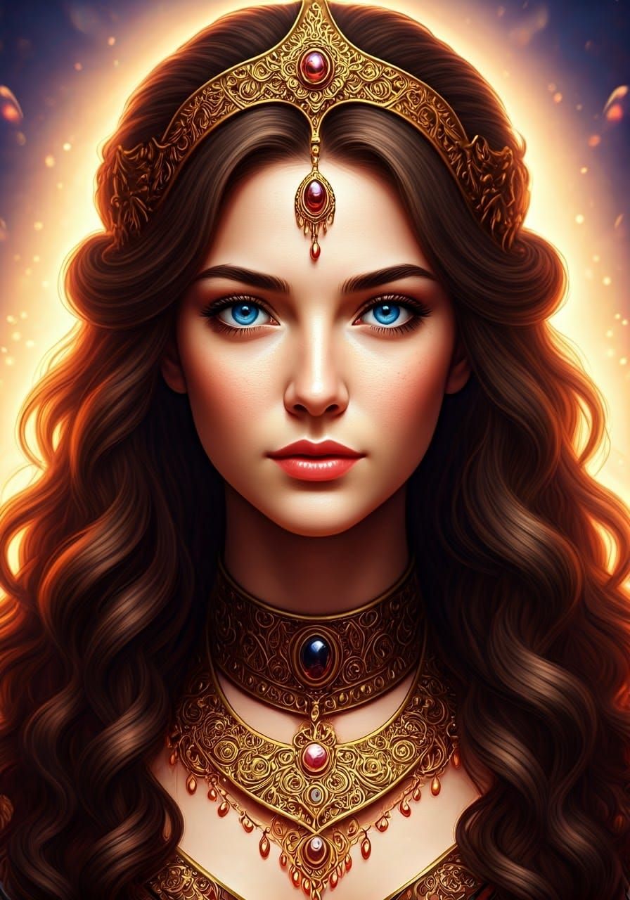 Regal Woman with Golden Headdress, Detailed Matte Painting