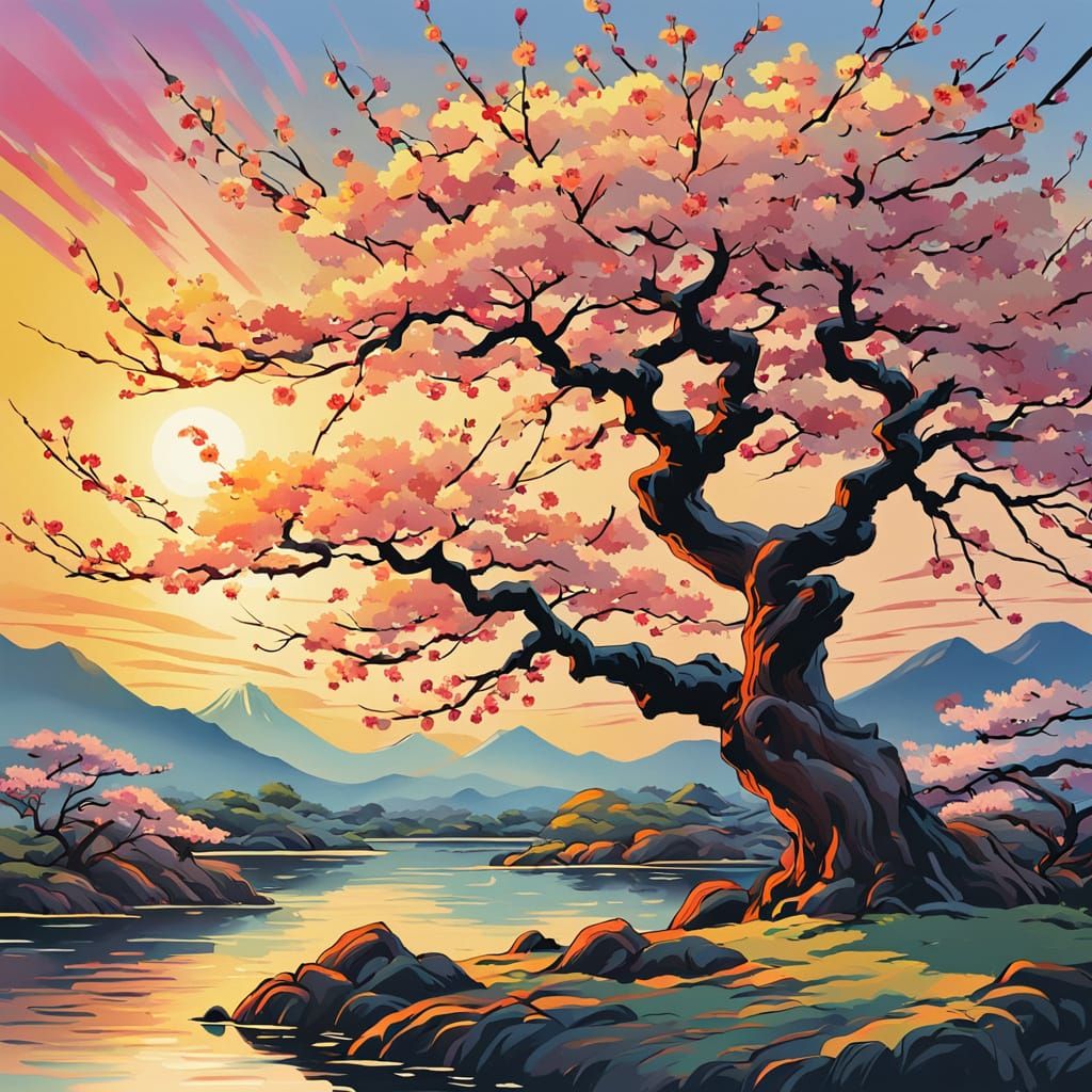 Surreal Cherry Blossom Tree in Vibrant Triadic Colors