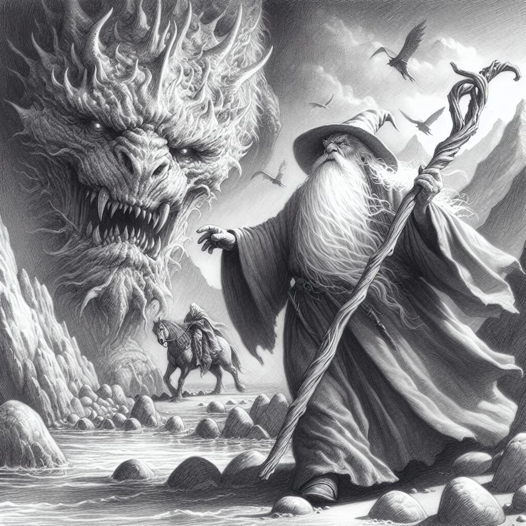 Wizard Confronts Mythical Beast in Pencil Sketch