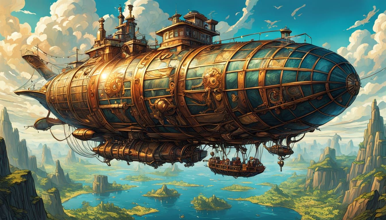 Steampunk Explorer Discovering Lost City in Airship