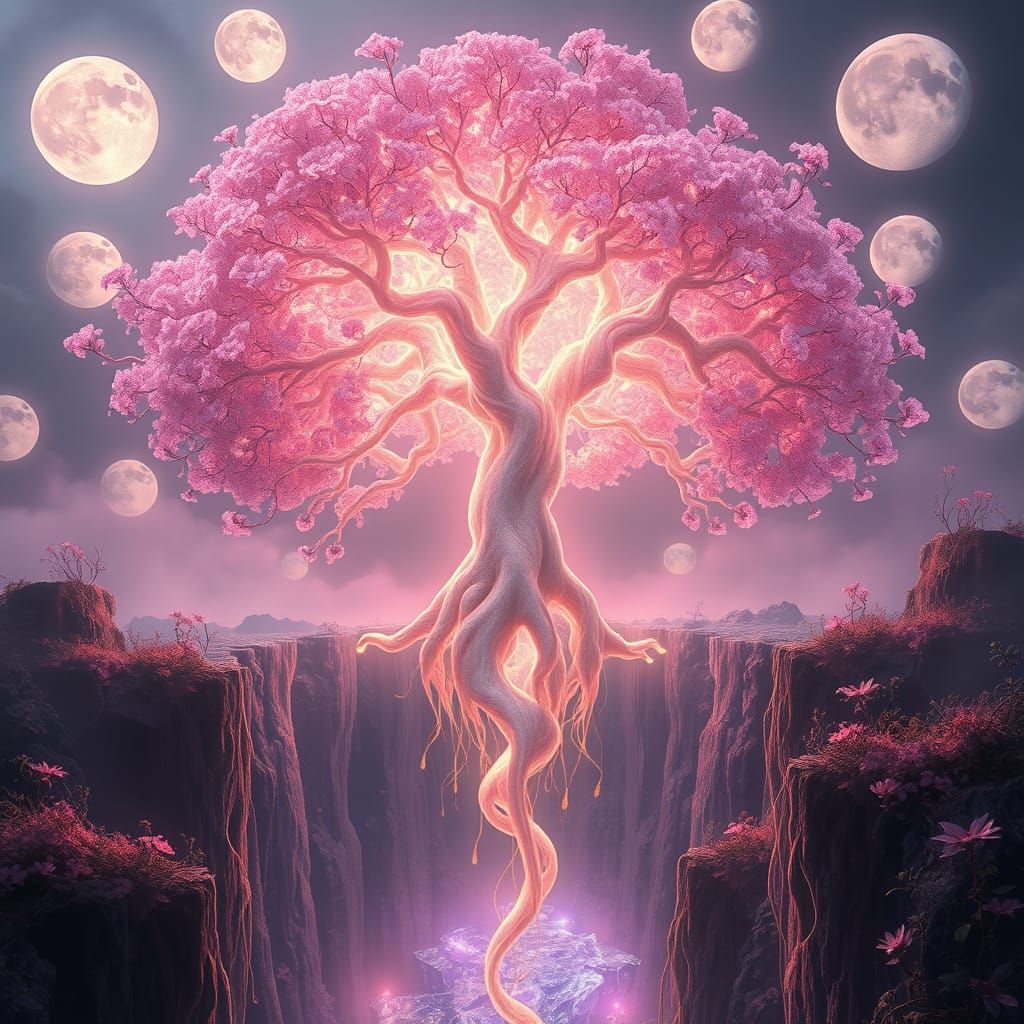 Ethereal Tree Levitates Above Crystal Chasm, Radiating Biolu...