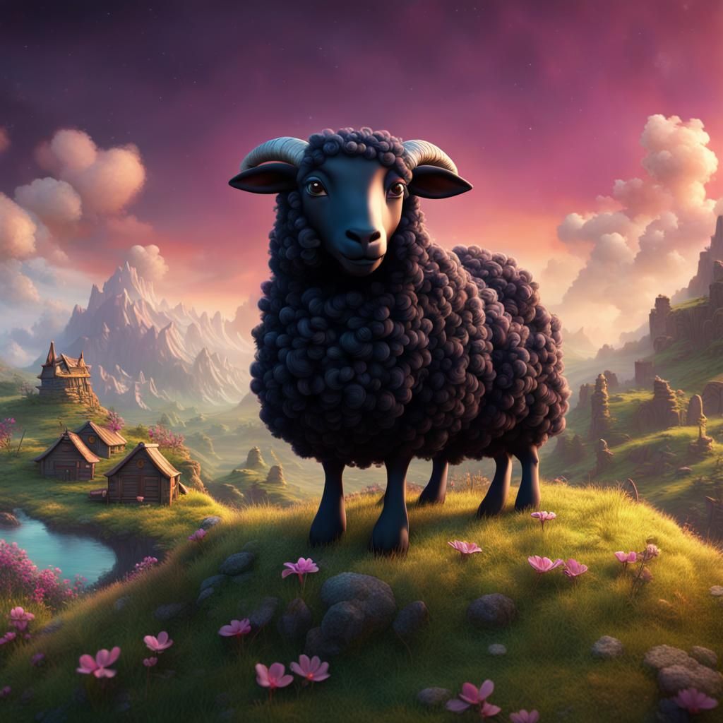 Cute Black Sheep in Detailed Fantasy Landscape