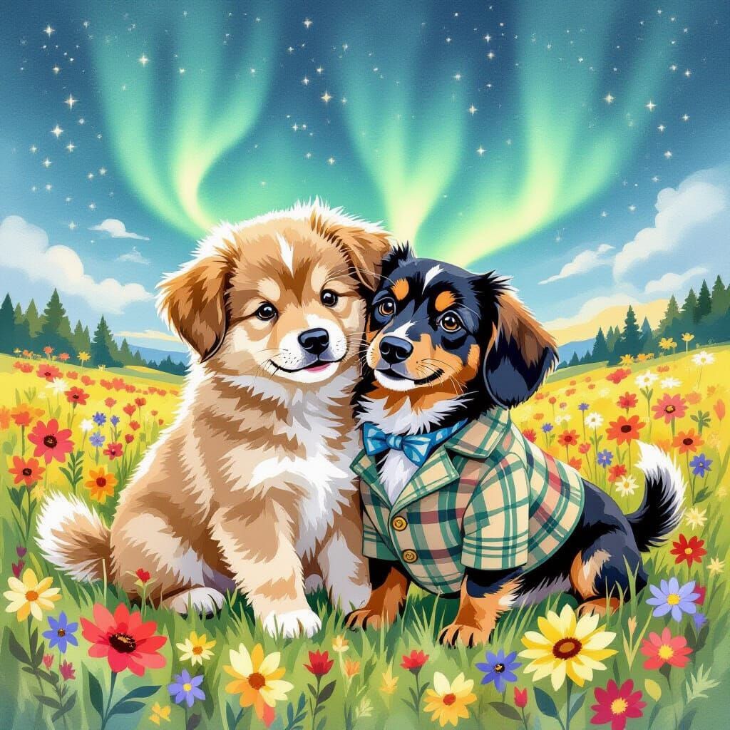 Puppy and Dachshund Snuggle Under Northern Lights