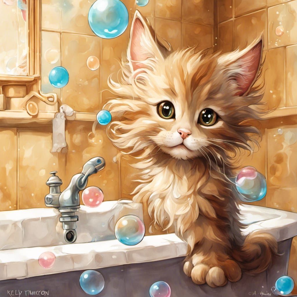 Maine Coon Kitten's Bubble Bath: Surreal Illustration