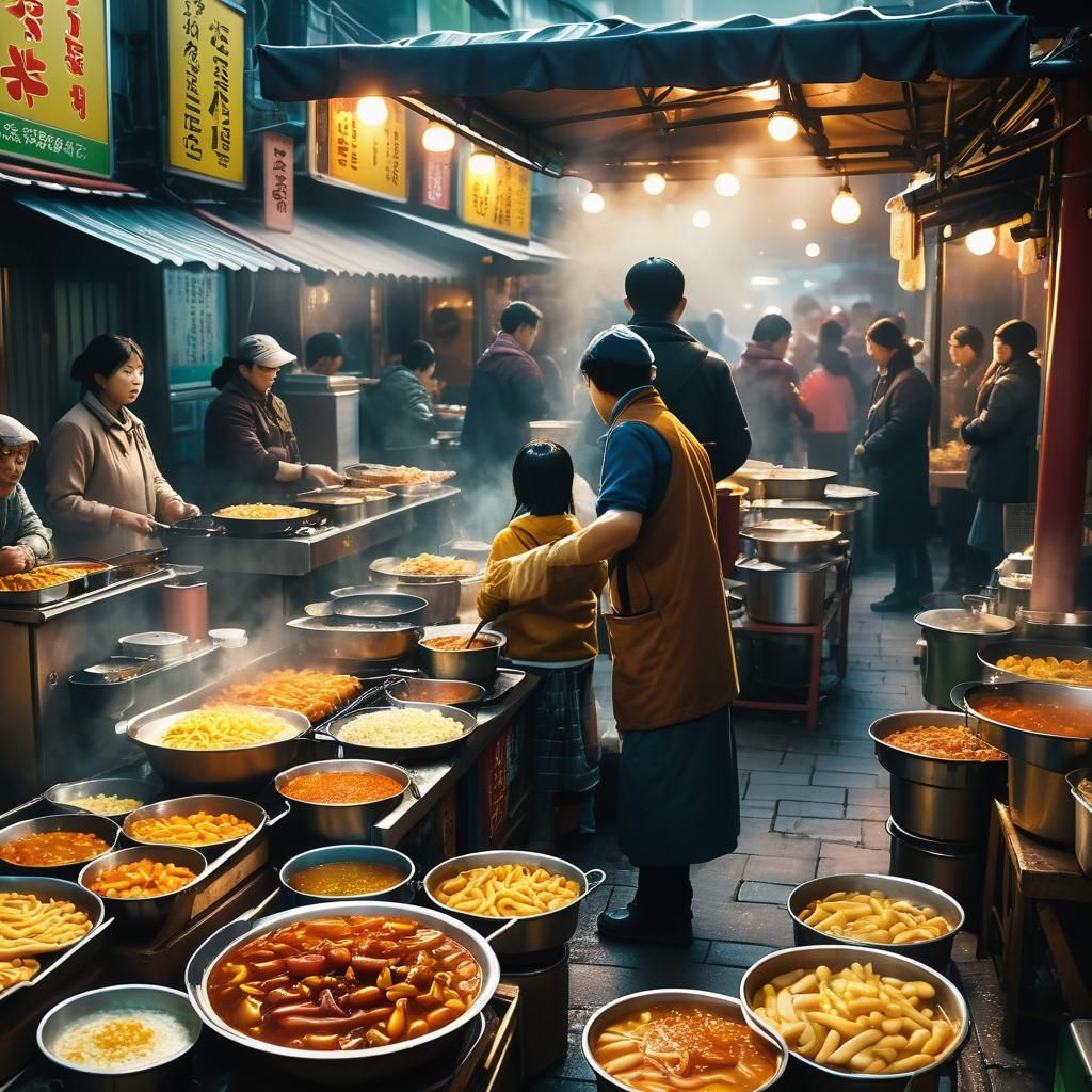 Bustling Ttebokki Stall at Dusk in Wong Kar-wai Style