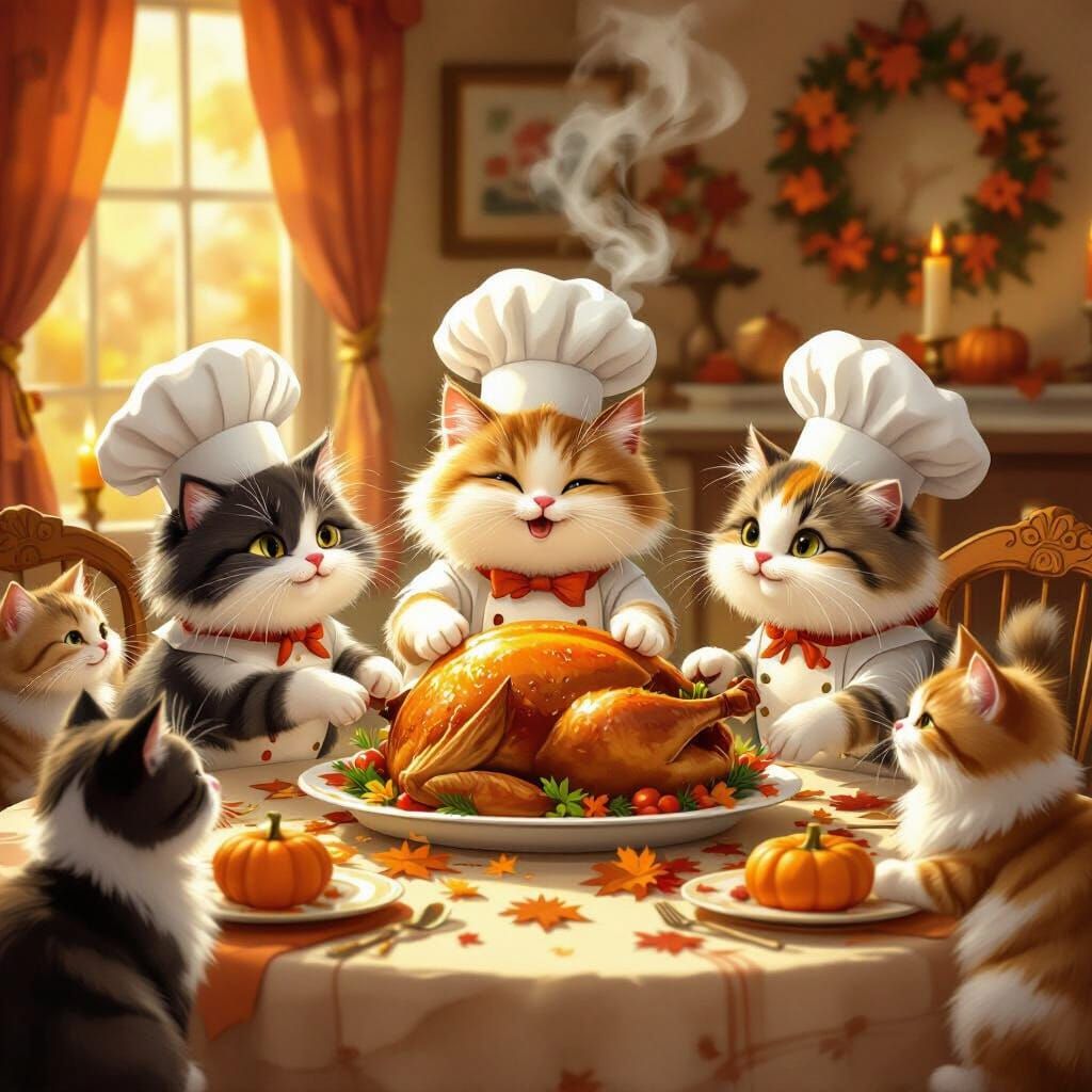 Cats in Chef Hats Prepare Thanksgiving Turkey Feast