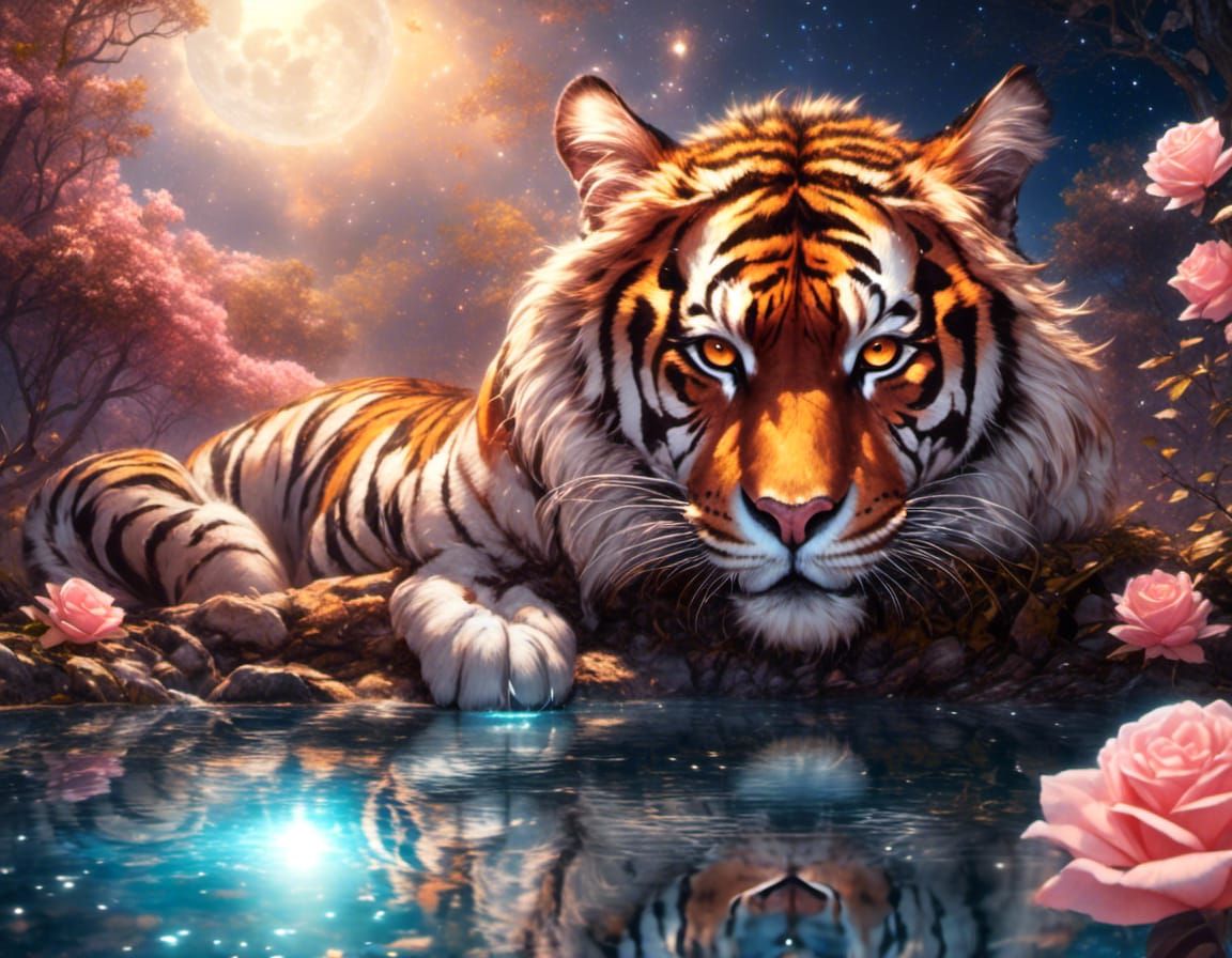 Rose-Gold Tiger Sleeping Under Magical Moon