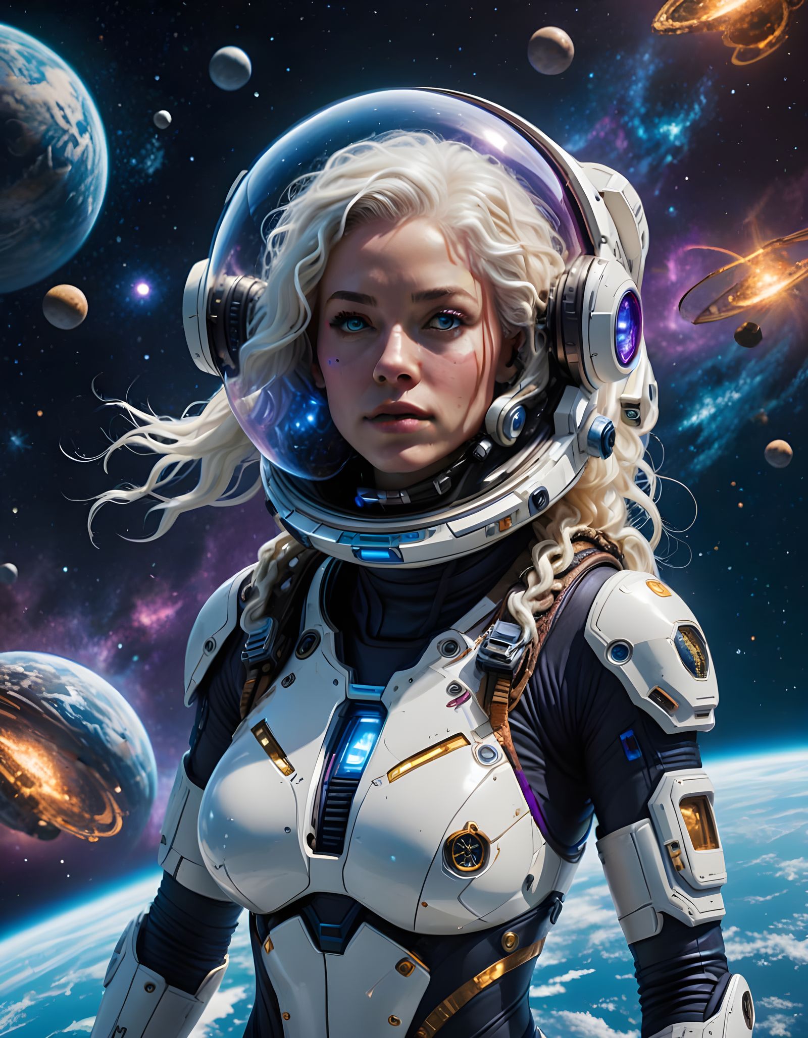 Albino Astronaut Gazing at Starship in Space