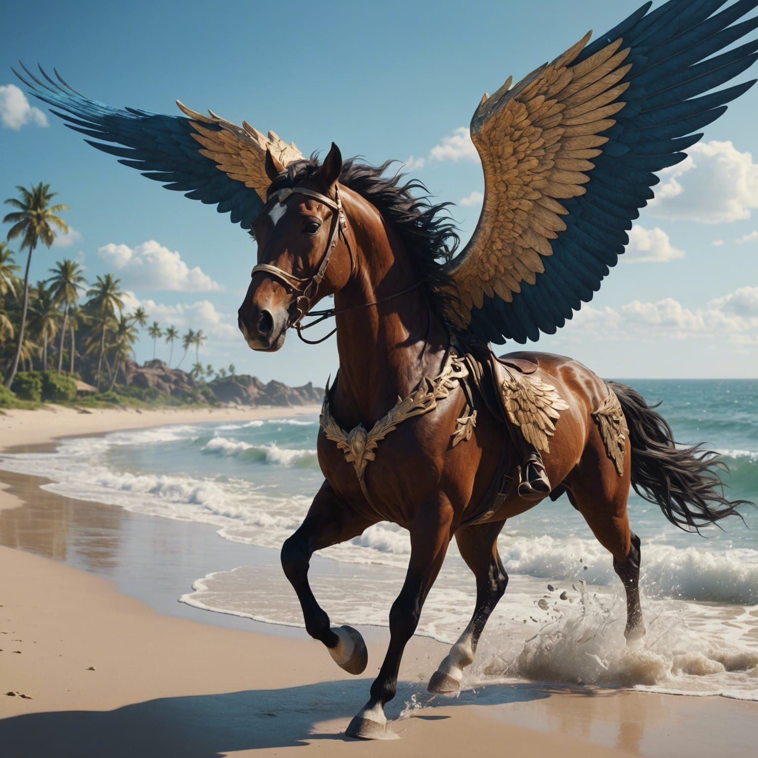 Winged Horse Runs on Sunny Beach in Detailed Matte Painting