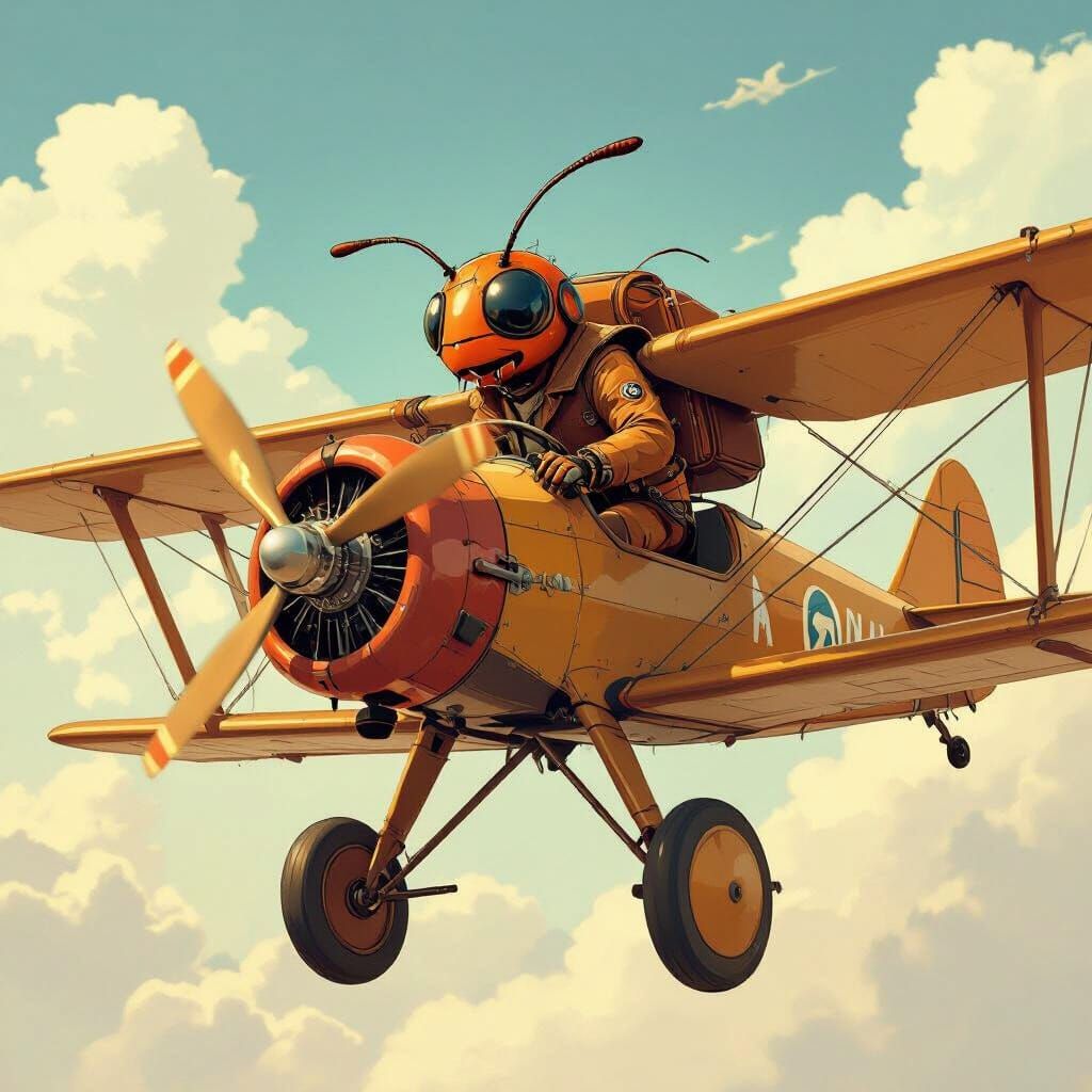Ant Pilot in Vintage Biplane, Animated Style