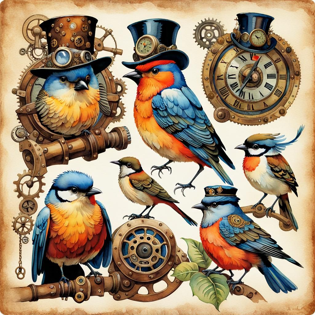 Steampunk Birds Sticker Sheet in Watercolor Style