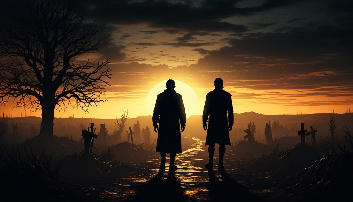 Eerie Figure in Dark Fantasy Midnight Sun Landscape