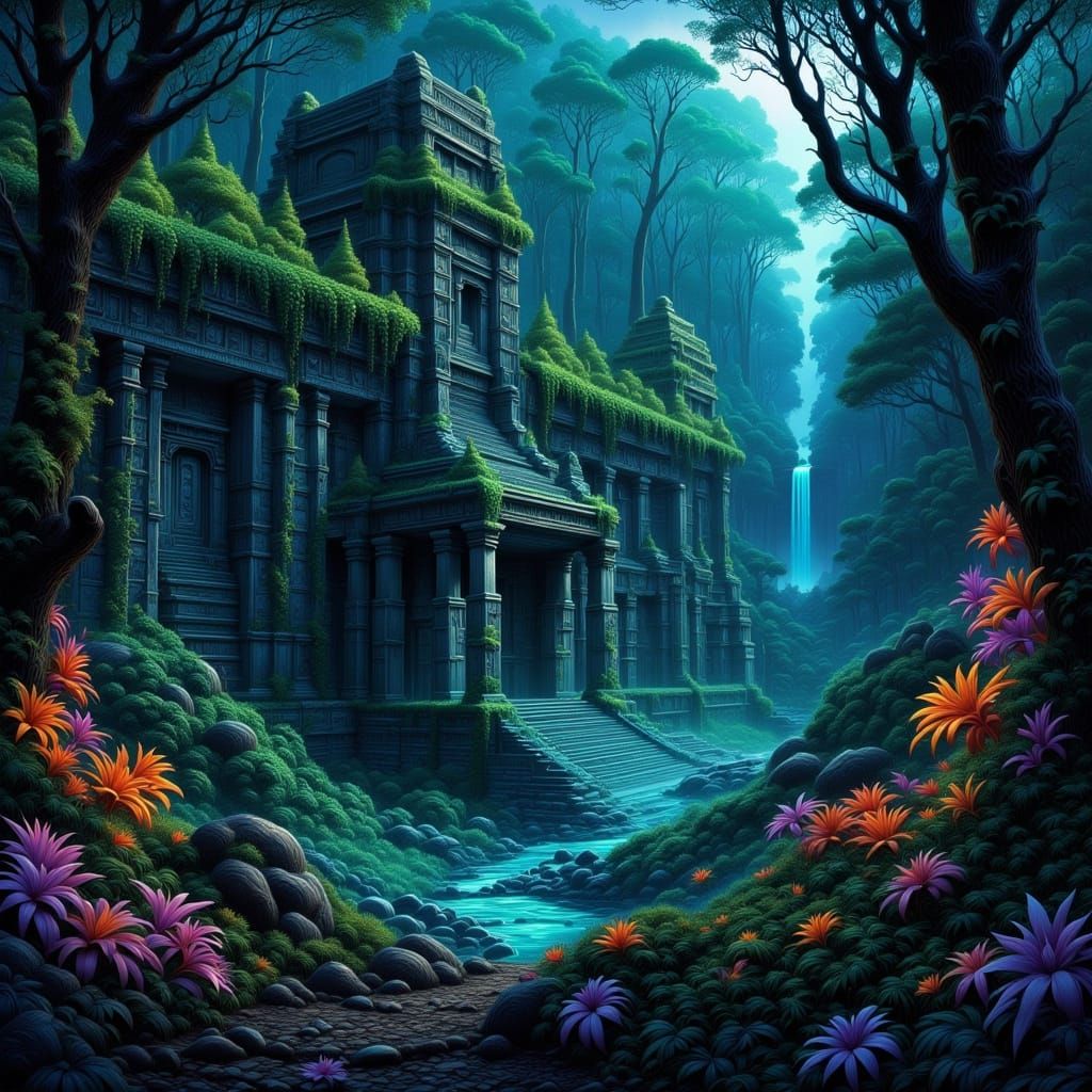 Restored Mayan Temple with Bioluminescent Flora