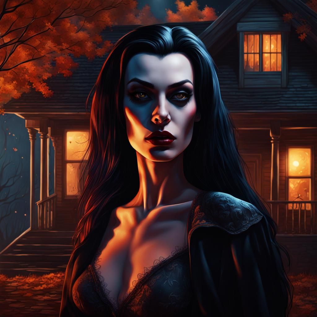 Hyperrealistic Vampira Portrait on Autumn Night