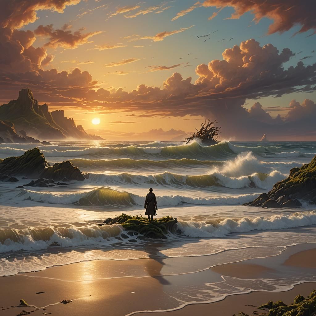 Majestic Sunset Beach with Glowing Sea Creatures