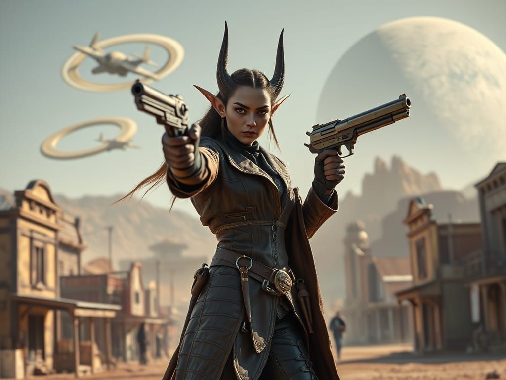Cyberpunk Dark Elf Gunslinger in Alien Western Town