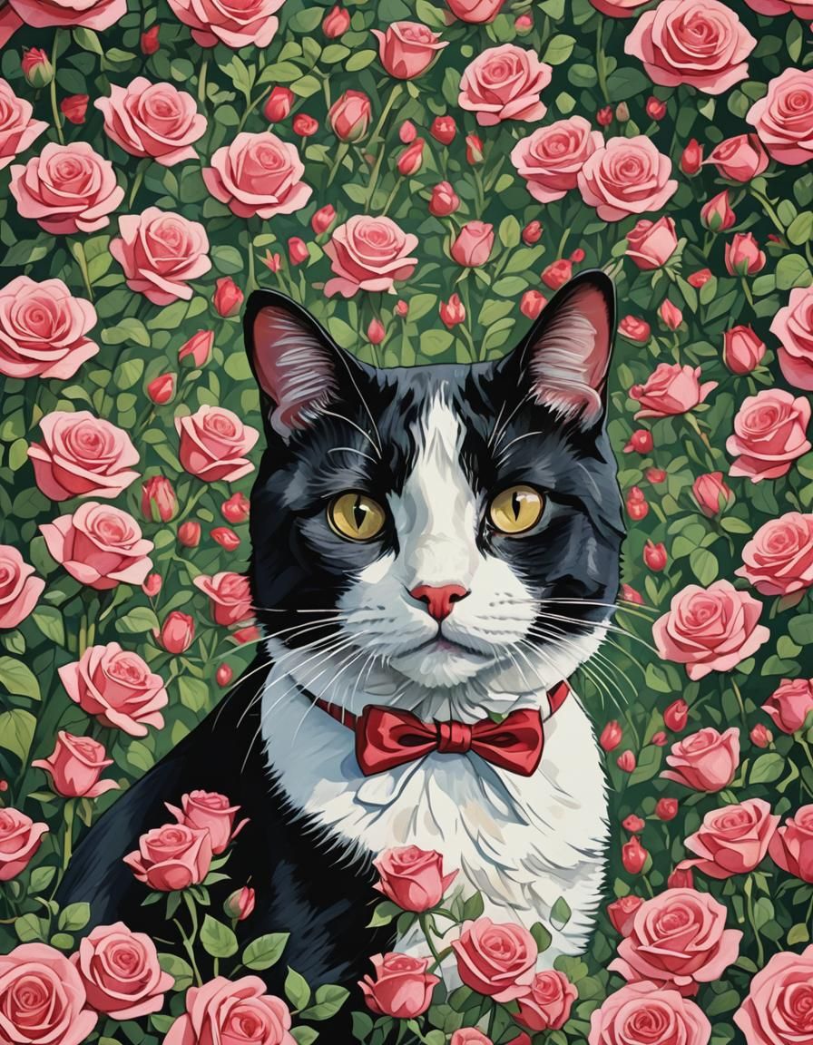 Tuxedo Cat in Roses: Pop Art Gouache Painting