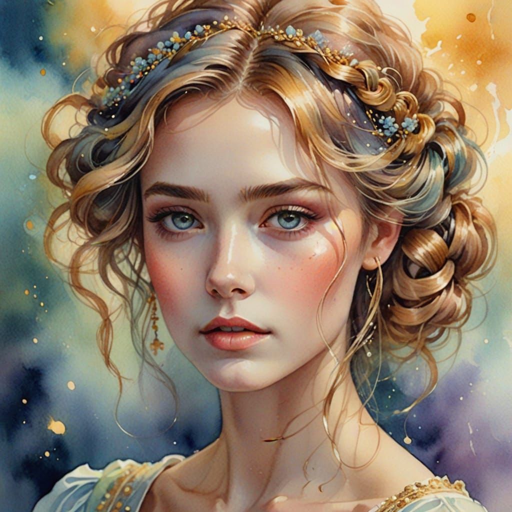 Dreamy Woman with Unusual Hairstyle in Watercolor Style
