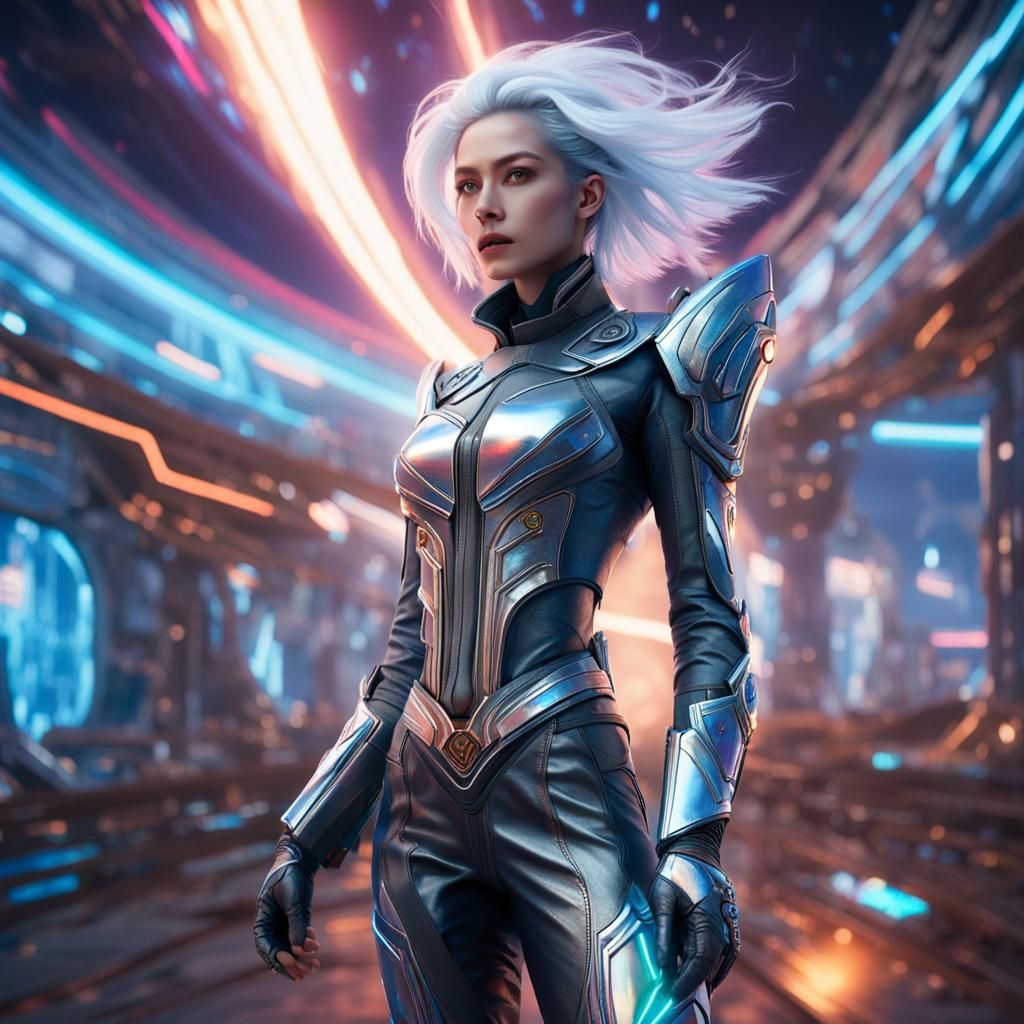 Futuristic Cyberpunk Heroine Gazing into a Wormhole