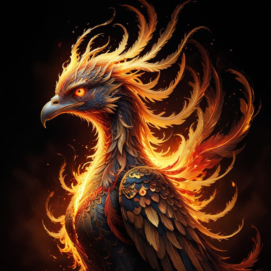 Majestic Digital Phoenix with Flickering Flames
