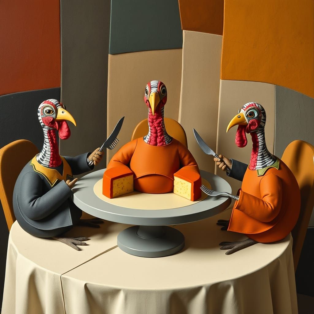 Cubist Turkeys Prepare to Feast on Human Cake