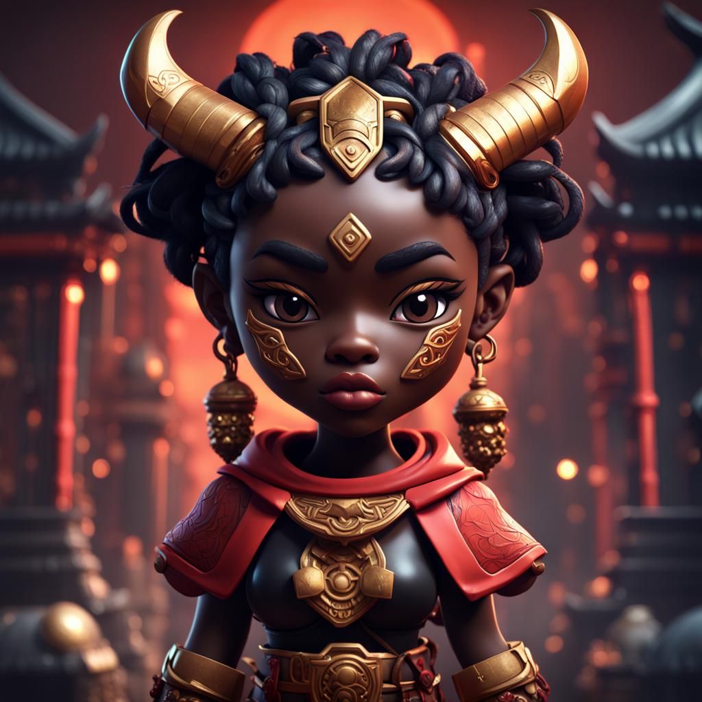 Chibi Black Girl with Oni Mask: Detailed Fantasy Art