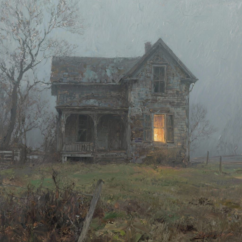 Gloomy Spring Farmhouse with Mysterious Light, Tonalism Styl...