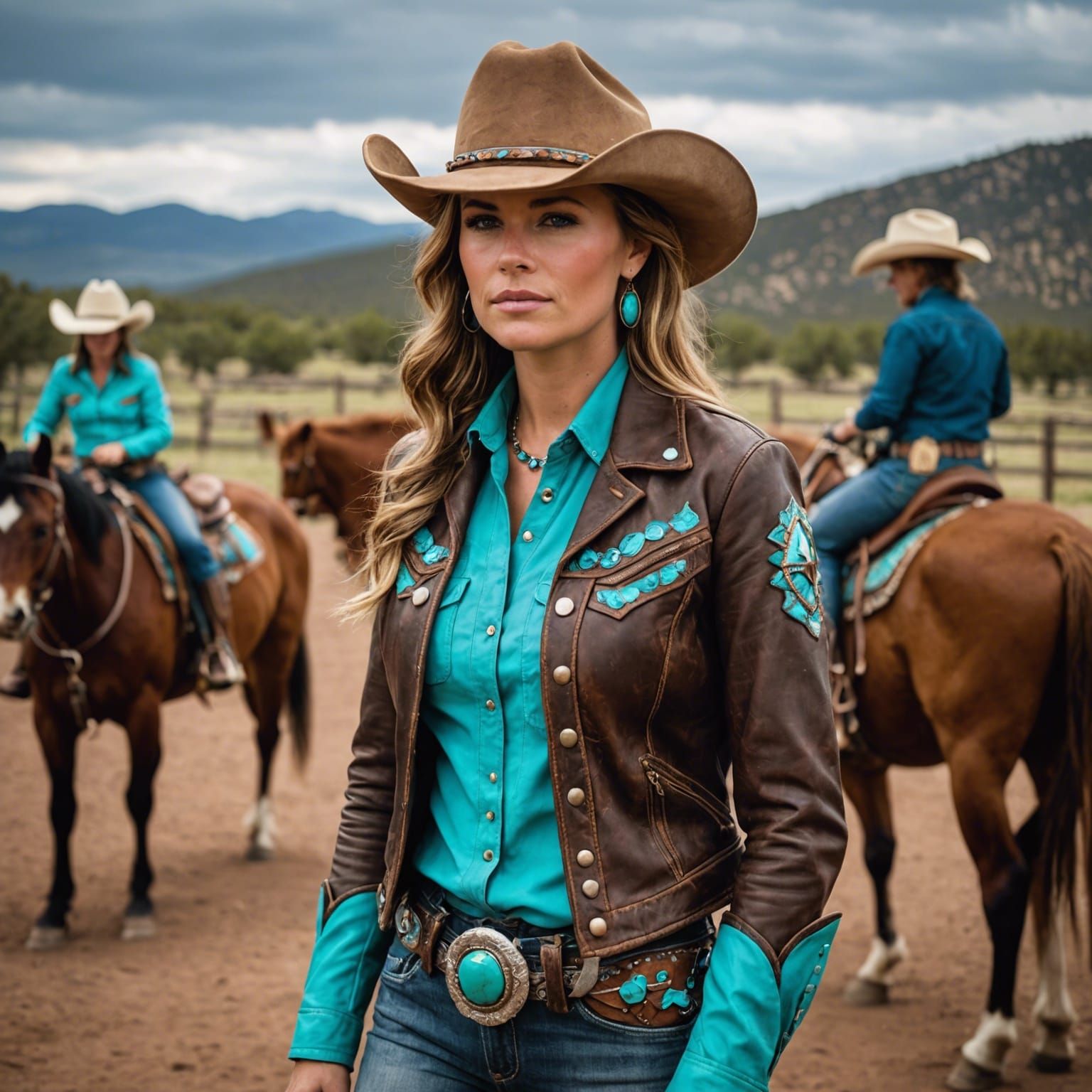 Cowgirl in Leather and Turquoise Attire
