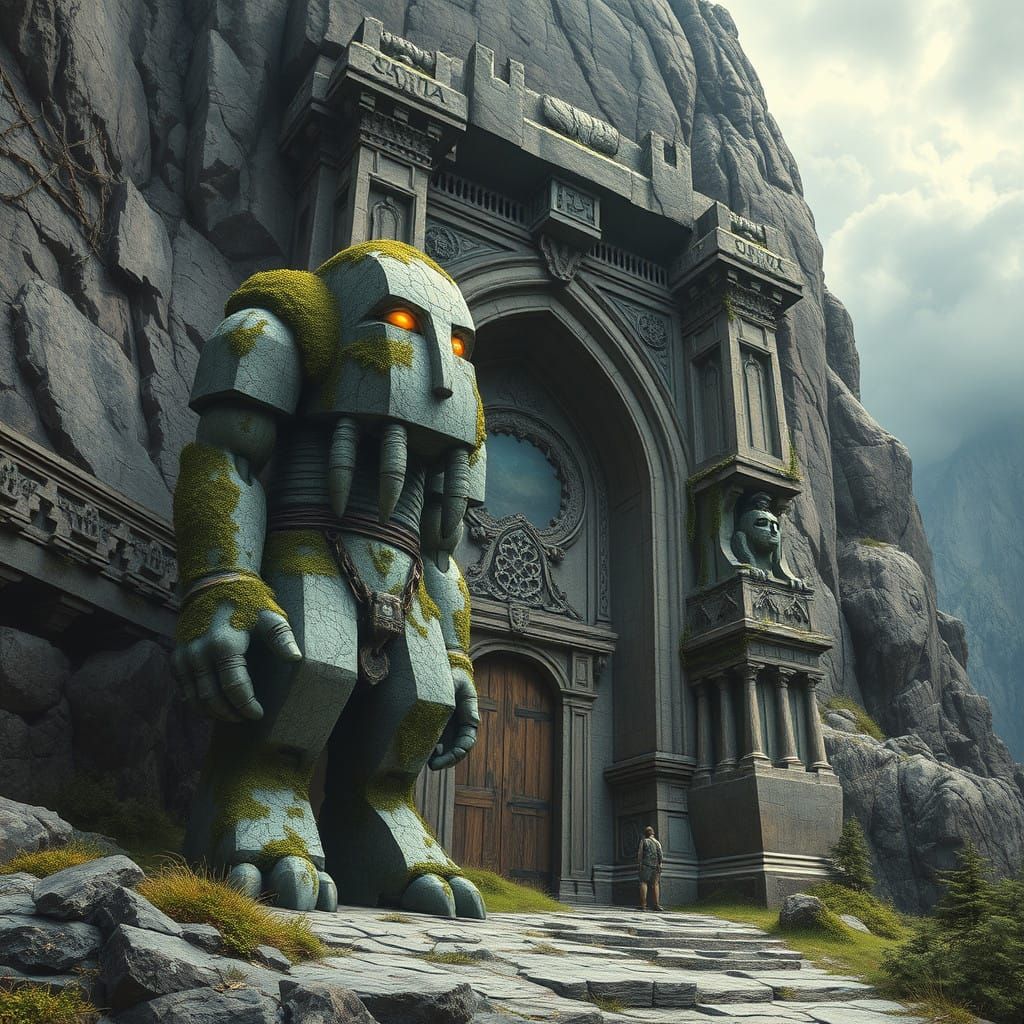 Gothic Fantasy Gate Guardian in Granite Patina