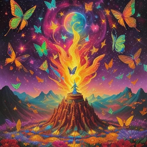 Psychedelic Mountaintop Scene with Fire Opal Statue
