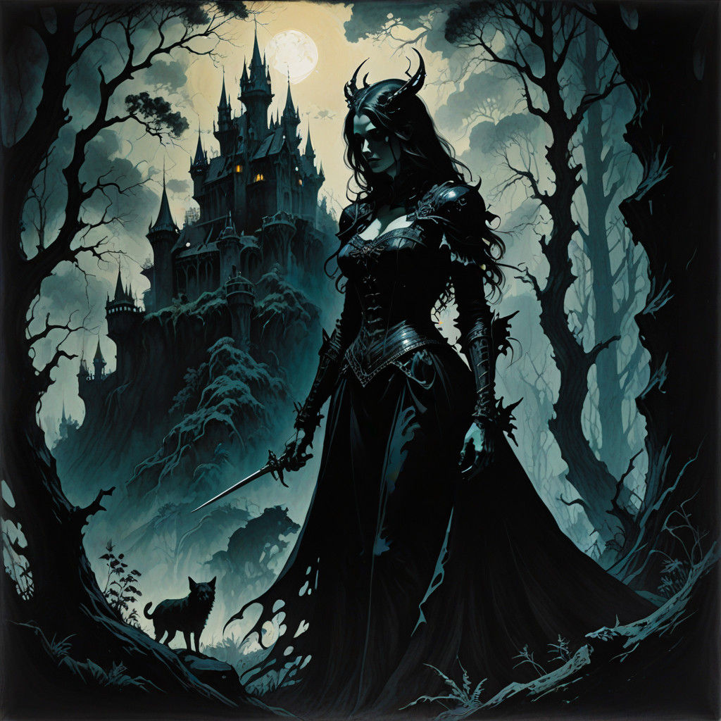 Ethereal Vampire Woman Silhouette in Dark Forest Landscape