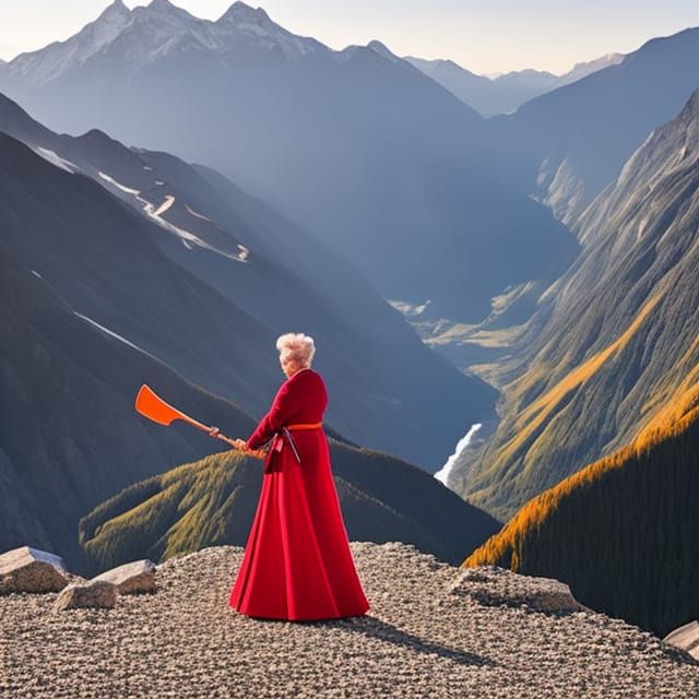 Elderly Woman Warrior in Swiss Alps, HDR