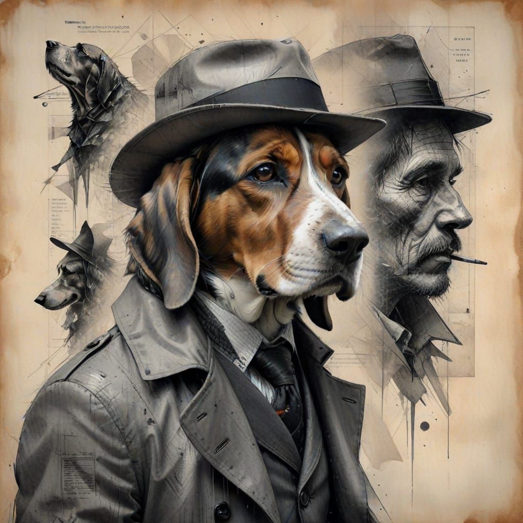 Anthropomorphic Basset Hound Detective in Charcoal Style