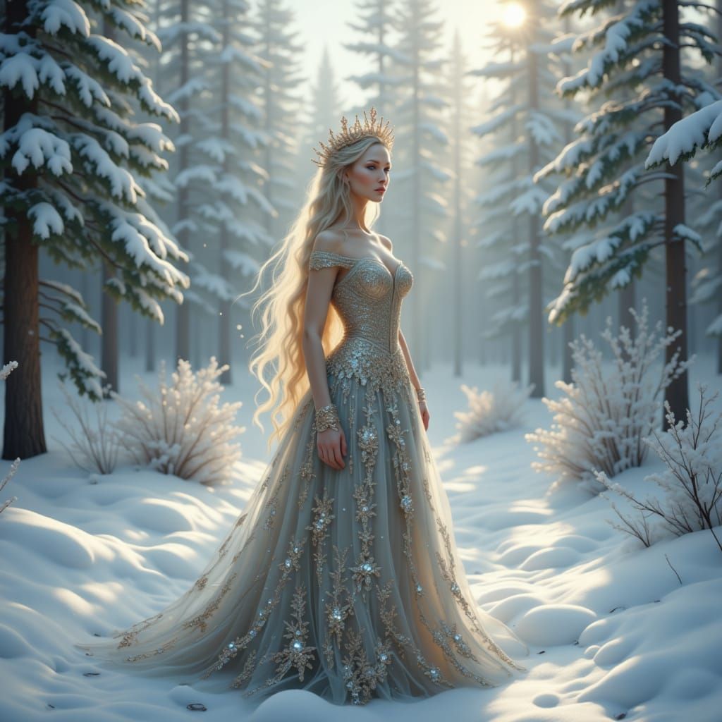 Snegurochka in Crystal Gown Amidst Misty Russian Winter
