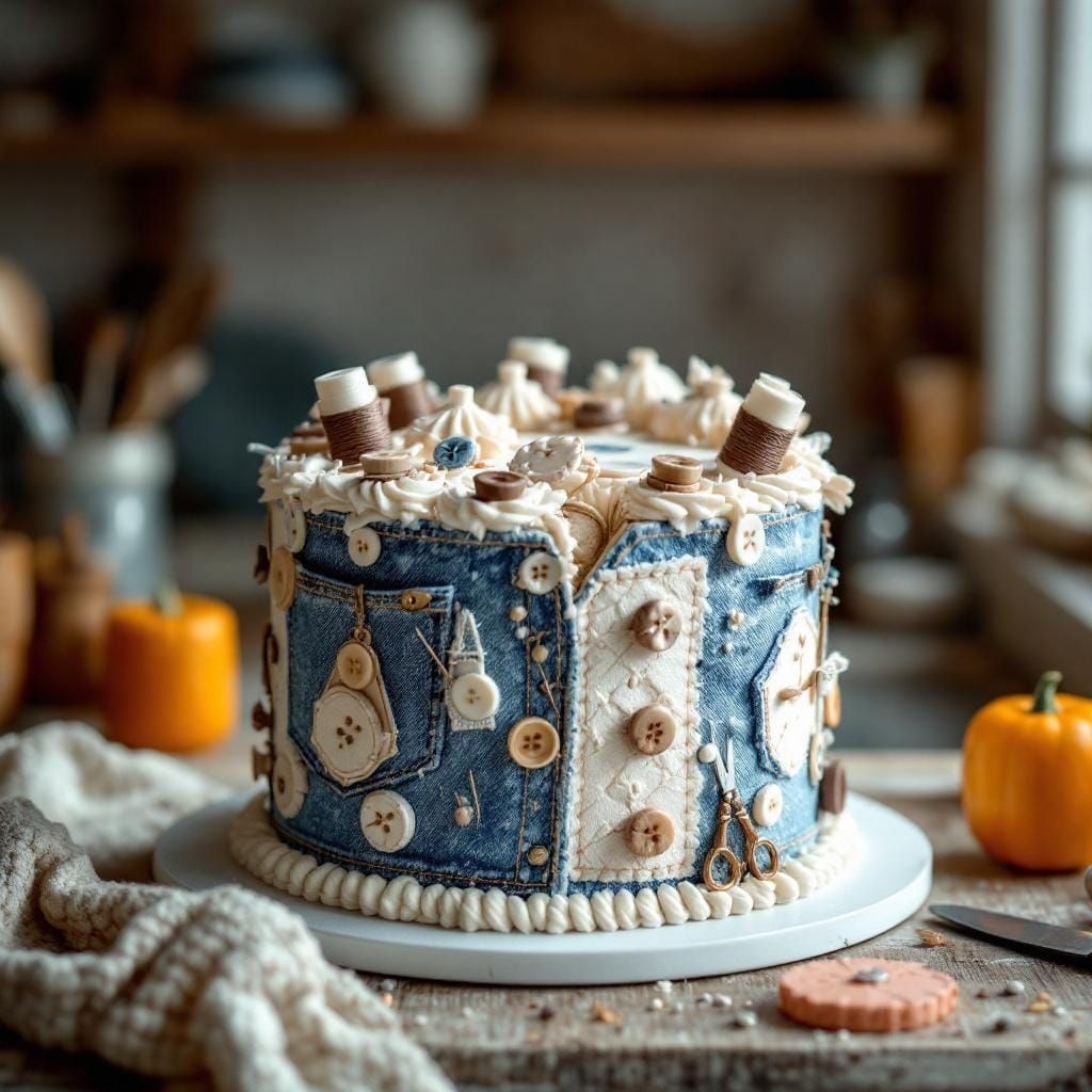 Hyperrealistic Denim Cake with Sewing Notions