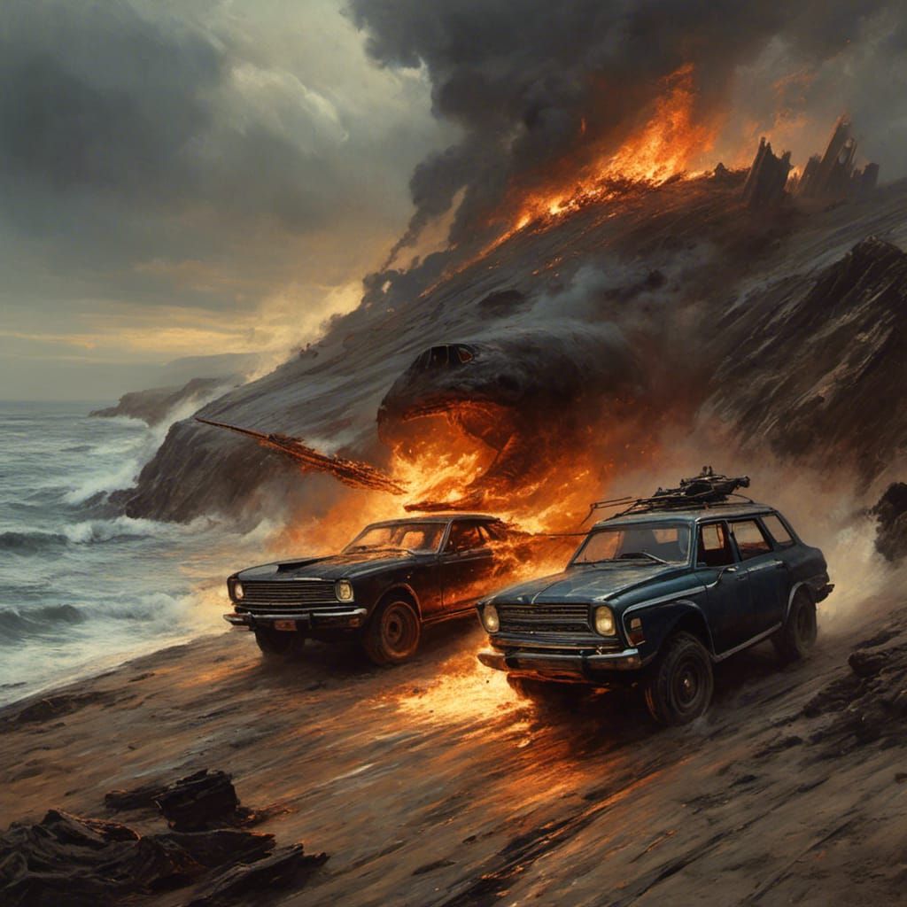 Infernal Car on Fire, Biopunk Coastline Scene